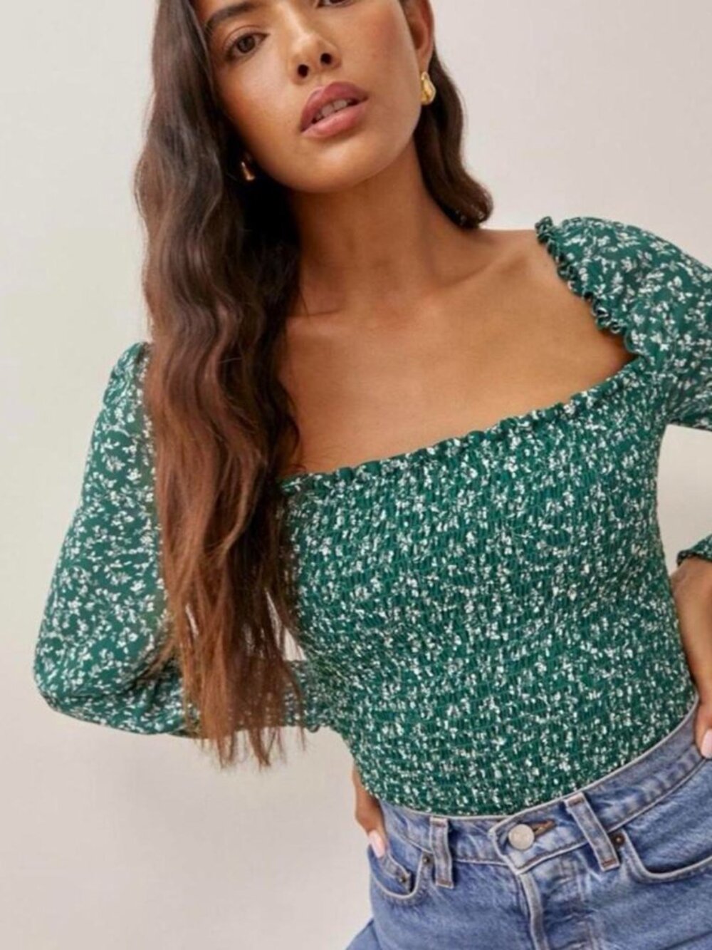 Reformation green and white floral top
